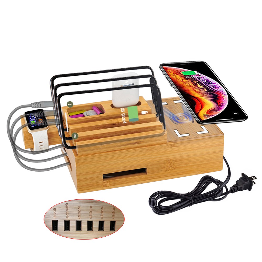 DCR-018 Bamboo Holder Stand for iPhone iPad AirPods Phone Cords Charging Station Docks Organizer - US Plug-7