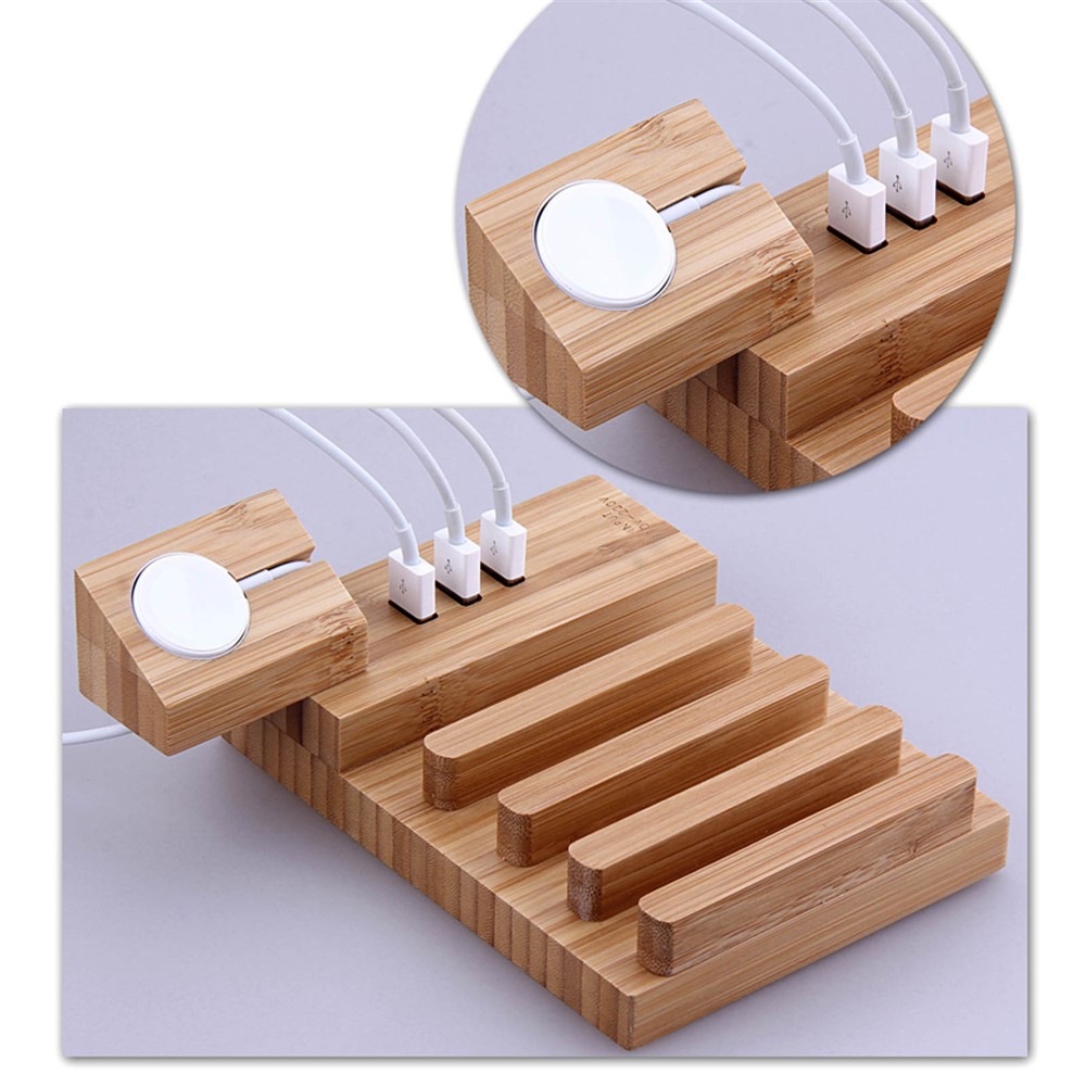 DCR-009 Bamboo 3 USB Ports Charging Station for Apple Watch iPhone Airpods Tablet Charger Dock Stand Cradle Holder - US Plug-2