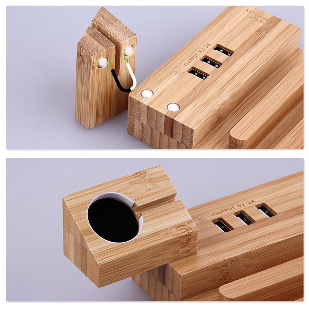 DCR-009 Bamboo 3 USB Ports Charging Station for Apple Watch iPhone Airpods Tablet Charger Dock Stand Cradle Holder - US Plug-3