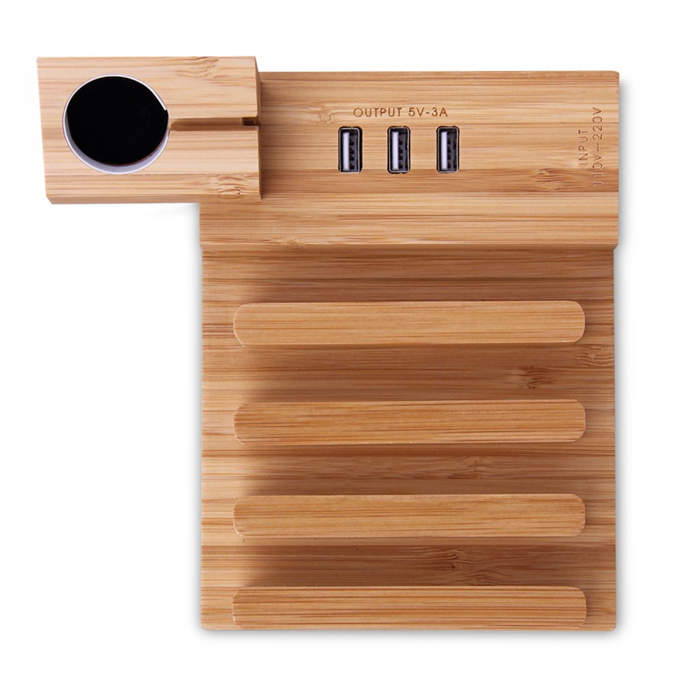 DCR-009 Bamboo 3 USB Ports Charging Station for Apple Watch iPhone Airpods Tablet Charger Dock Stand Cradle Holder - US Plug-6