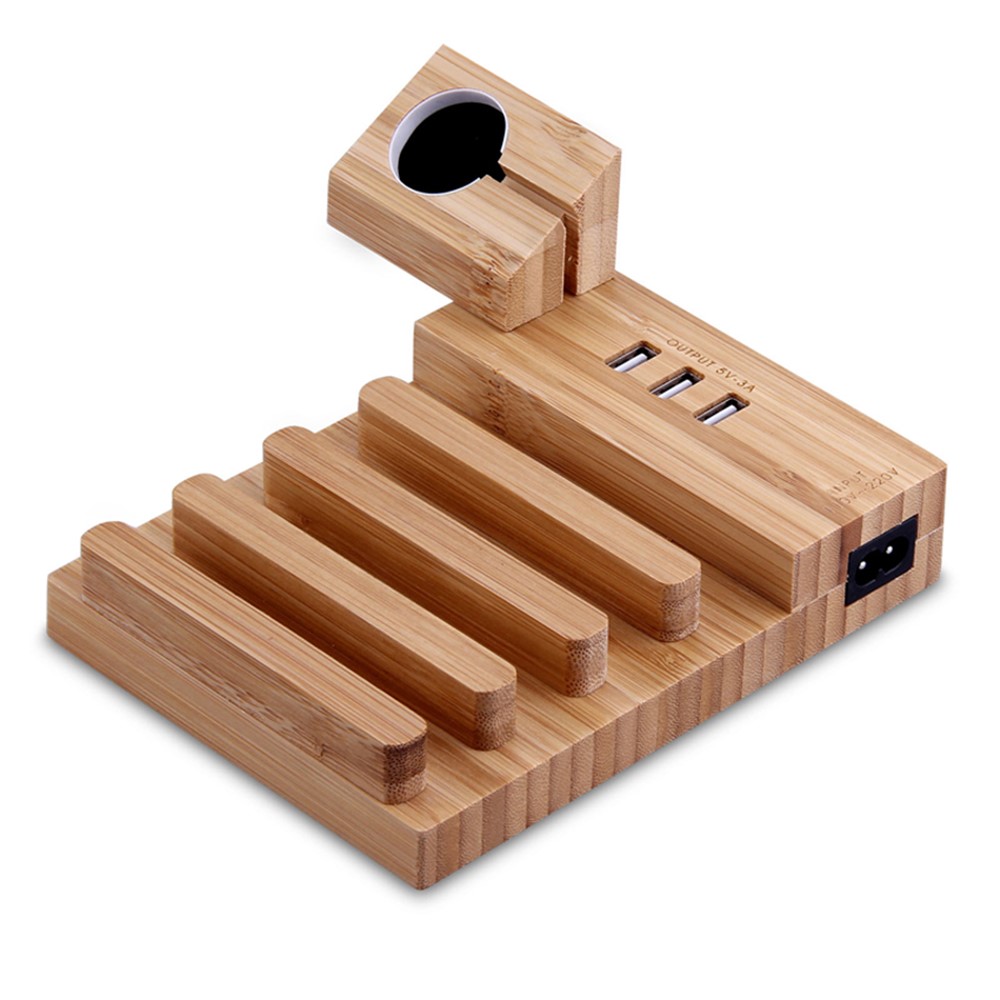 DCR-009 Bamboo 3 USB Ports Charging Station for Apple Watch iPhone Airpods Tablet Charger Dock Stand Cradle Holder - US Plug-7