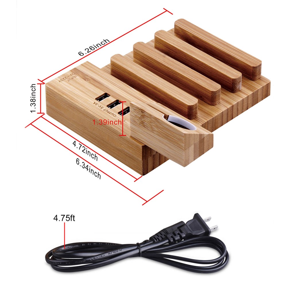 DCR-009 Bamboo 3 USB Ports Charging Station for Apple Watch iPhone Airpods Tablet Charger Dock Stand Cradle Holder - US Plug-8