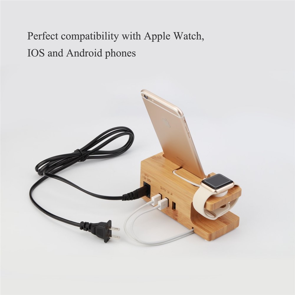 DCR-006 3 USB Ports Phone Holder Bamboo Charging Dock Stand Station Base Bracket for iPhone Apple Watch - US Plug-5
