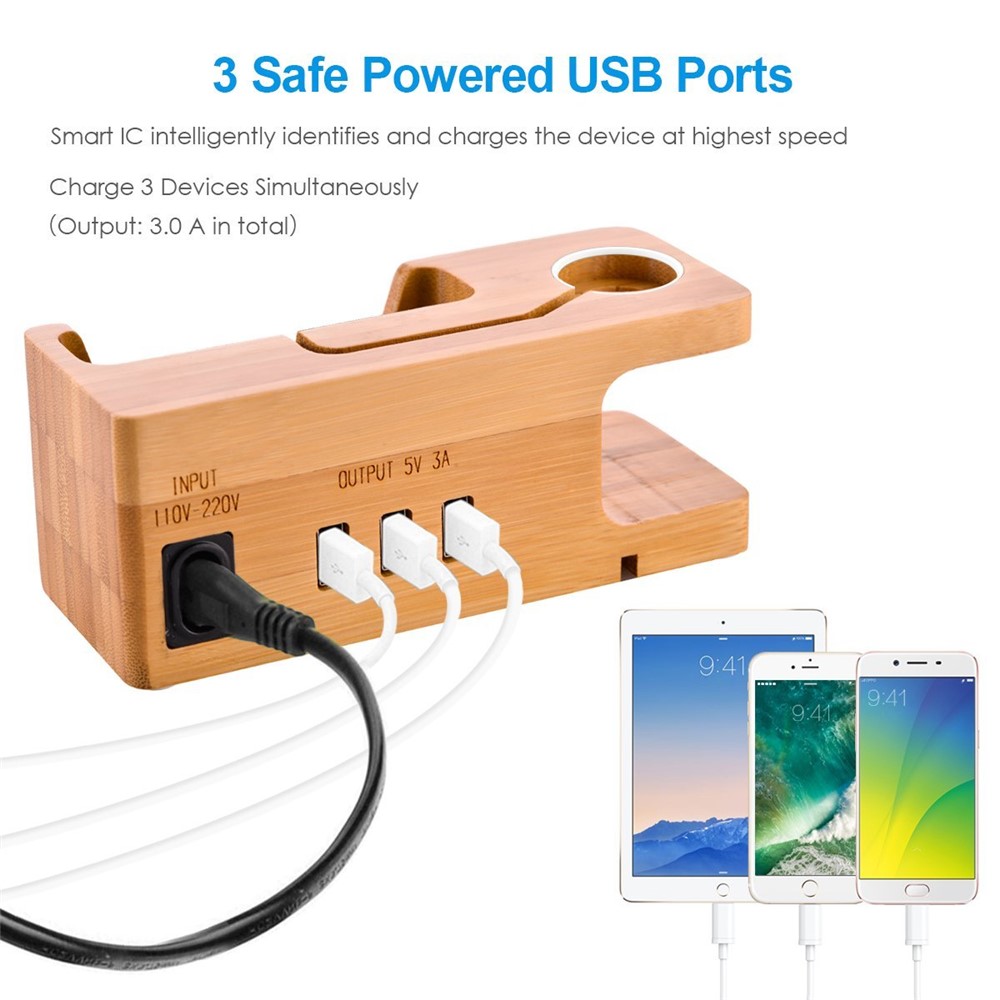 DCR-006 3 USB Ports Phone Holder Bamboo Charging Dock Stand Station Base Bracket for iPhone Apple Watch - US Plug-7