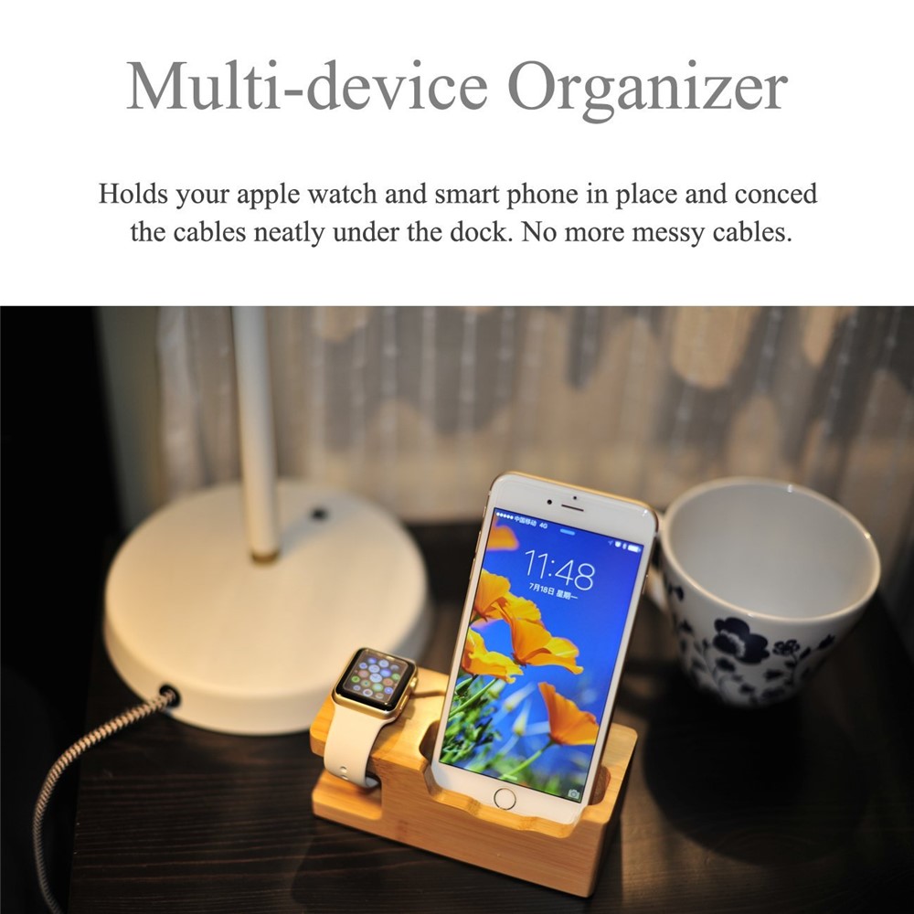 DCR-006 3 USB Ports Phone Holder Bamboo Charging Dock Stand Station Base Bracket for iPhone Apple Watch - US Plug-8