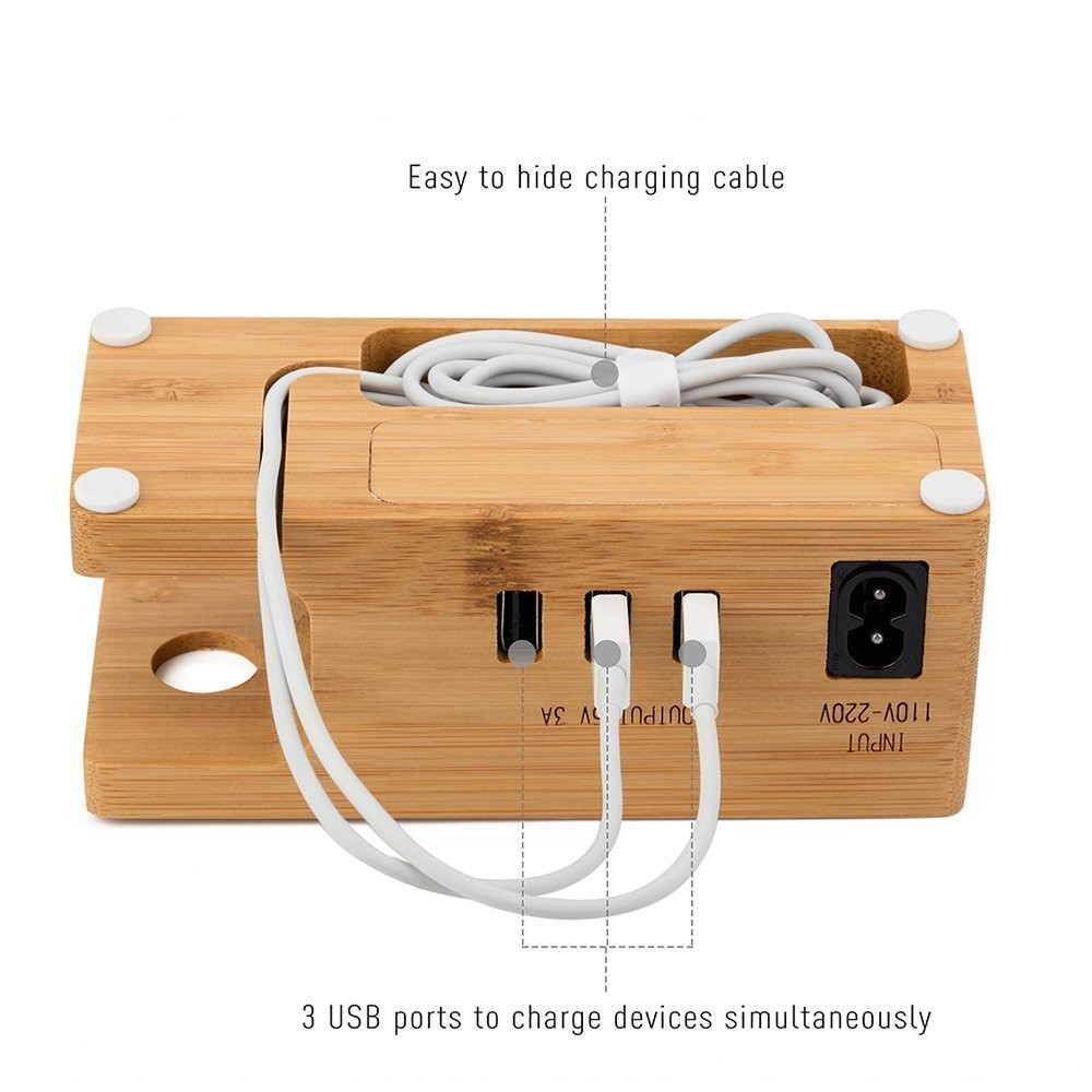 DCR-006 3 USB Ports Phone Holder Bamboo Charging Dock Stand Station Base Bracket for iPhone Apple Watch - US Plug-9