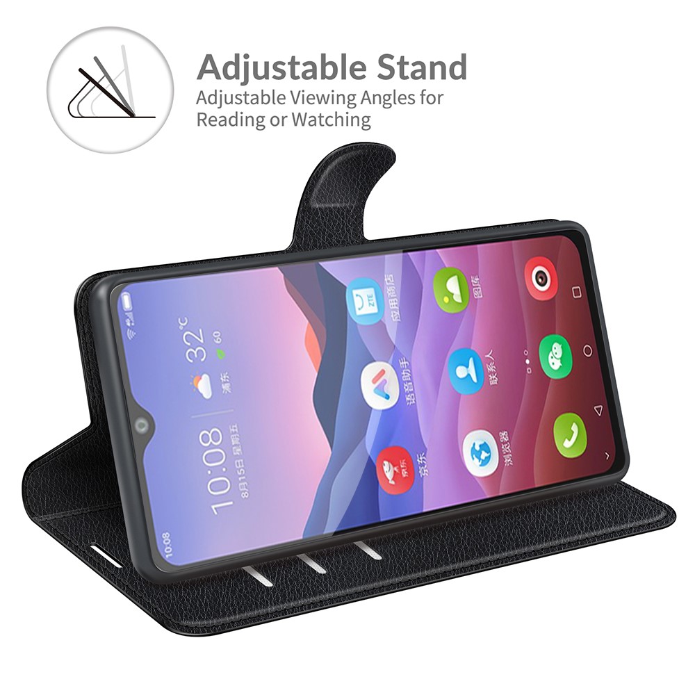 Litchi Texture Leather Wallet Phone Case Folio Flip Cover with Stand for ZTE Blade V2020 Smart - Black-5