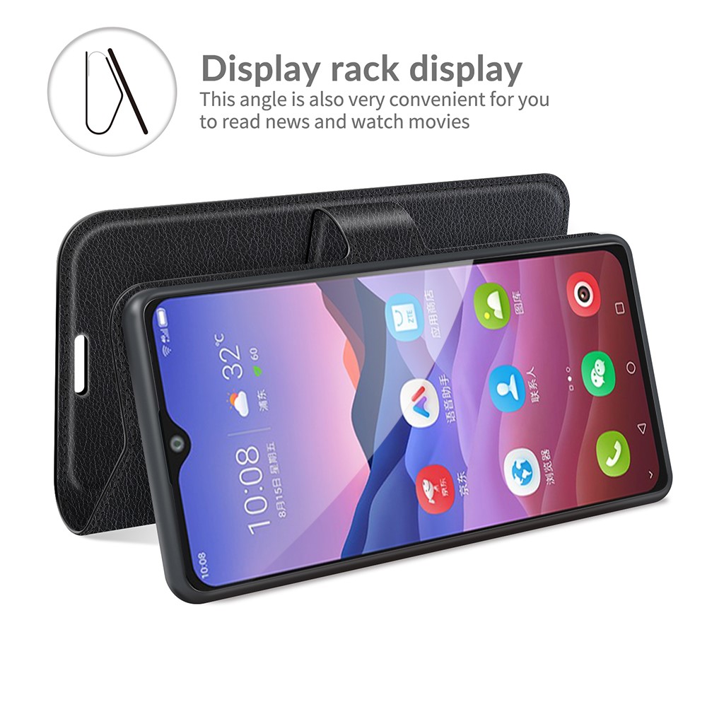 Litchi Texture Leather Wallet Phone Case Folio Flip Cover with Stand for ZTE Blade V2020 Smart - Black-6