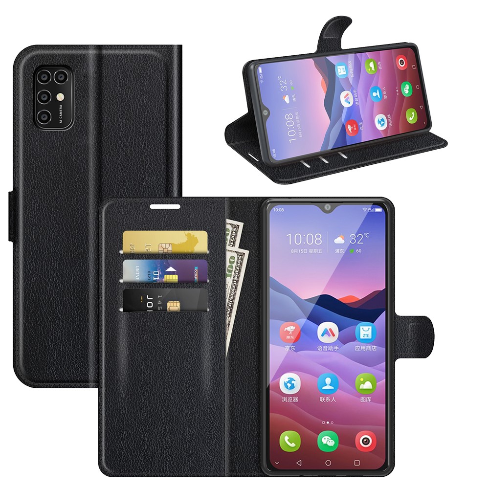 Litchi Texture Leather Wallet Phone Case Folio Flip Cover with Stand for ZTE Blade V2020 Smart - Black-8