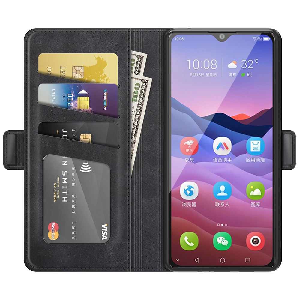 Double Clasp Magnetic Closure Wallet Stand PU Leather Phone Case Shell for ZTE Blade V2020 Smart - Black-4