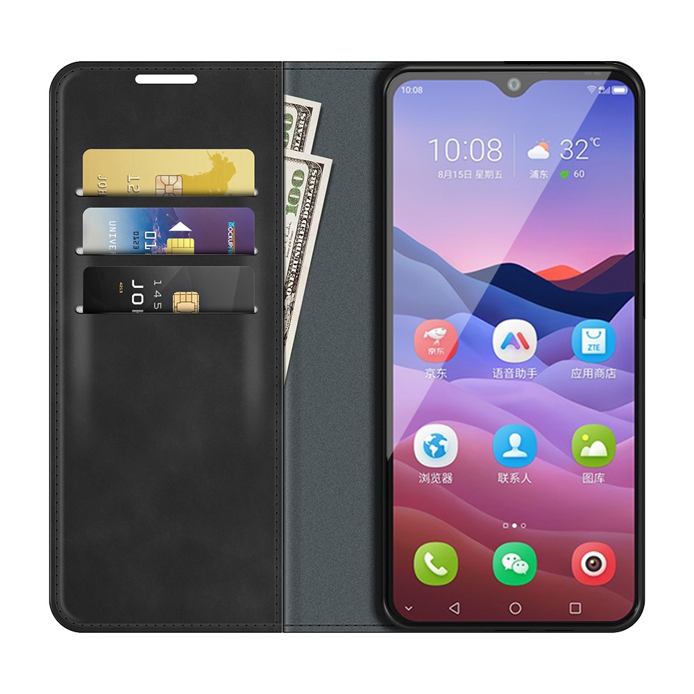 Auto-Absorbed Skin-touch Leather Cover Protective Case with Wallet Stand for ZTE Blade V2020 Smart - Black-4