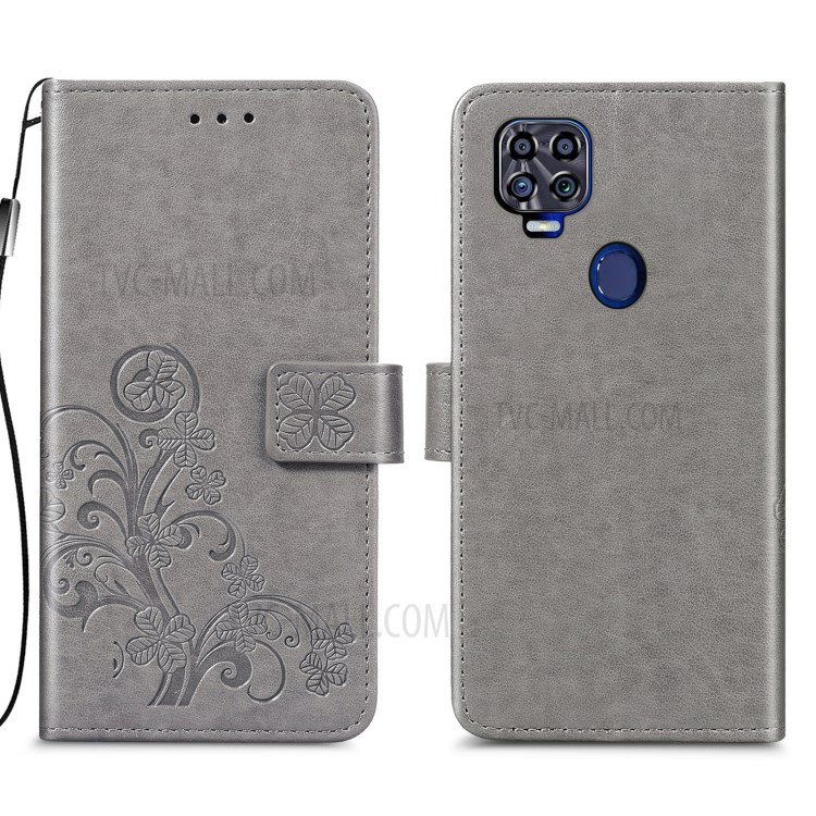 For ZTE Blade V2020 5G Magnet Clasp Imprinted Four-leaf Clover Wallet Leather Case with Strap - Grey-1