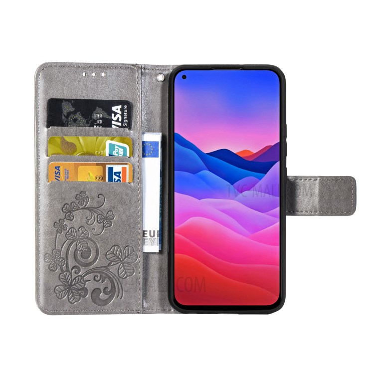 For ZTE Blade V2020 5G Magnet Clasp Imprinted Four-leaf Clover Wallet Leather Case with Strap - Grey-12