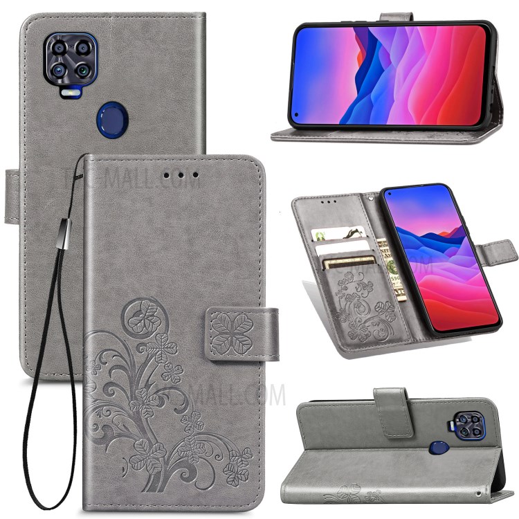 For ZTE Blade V2020 5G Magnet Clasp Imprinted Four-leaf Clover Wallet Leather Case with Strap - Grey-14
