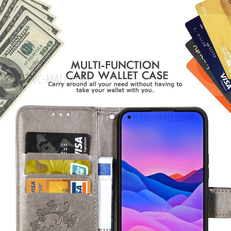 For ZTE Blade V2020 5G Magnet Clasp Imprinted Four-leaf Clover Wallet Leather Case with Strap - Grey-5