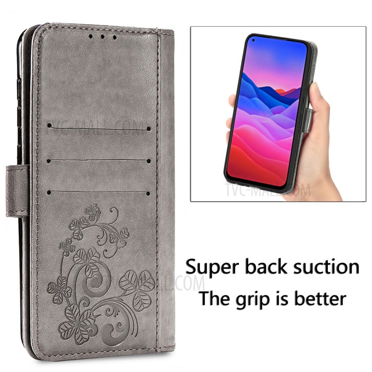 For ZTE Blade V2020 5G Magnet Clasp Imprinted Four-leaf Clover Wallet Leather Case with Strap - Grey-6
