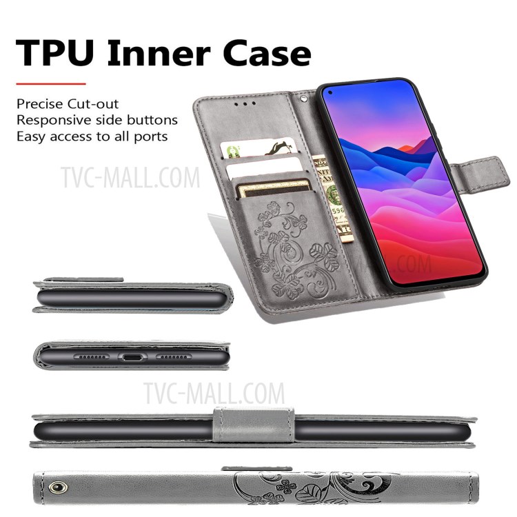 For ZTE Blade V2020 5G Magnet Clasp Imprinted Four-leaf Clover Wallet Leather Case with Strap - Grey-7