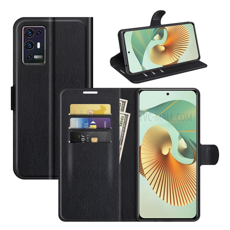 Litchi Skin Leather Wallet Case for ZTE Axon 30 Pro 5G Mobile Phone Stand Cover - Black-8