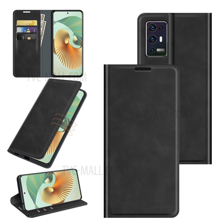 Skin-touch Leather Protective Cover with Wallet Stand for ZTE Axon 30 Pro 5G Auto-Absorbed Case - Black-8