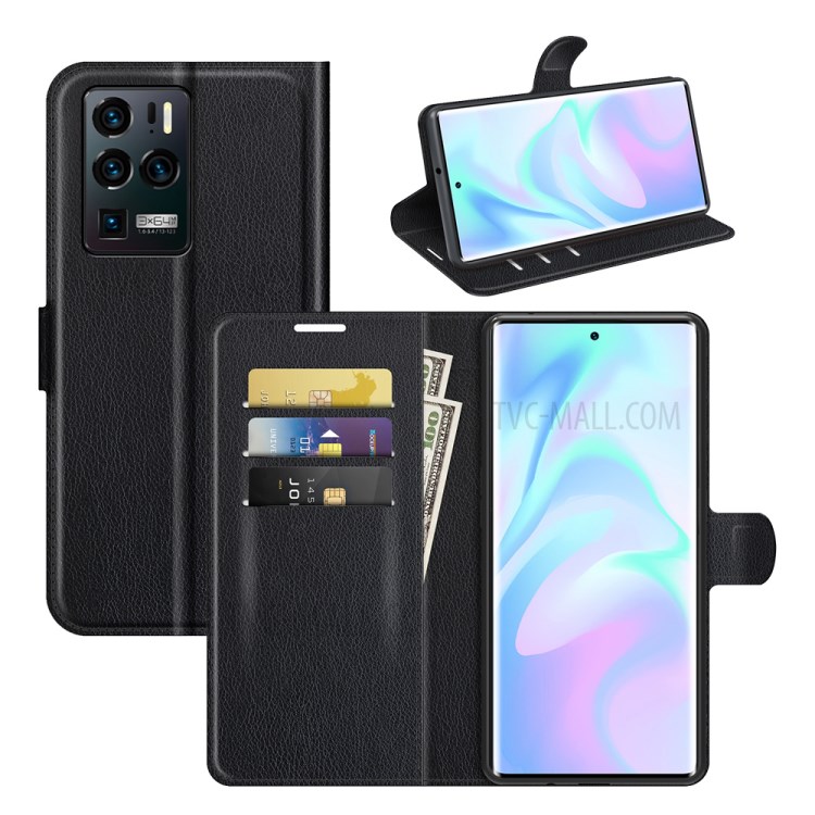 Litchi Skin Leather Wallet Mobile Phone Stand Cover Case for ZTE Axon 30 Ultra 5G - Black-8