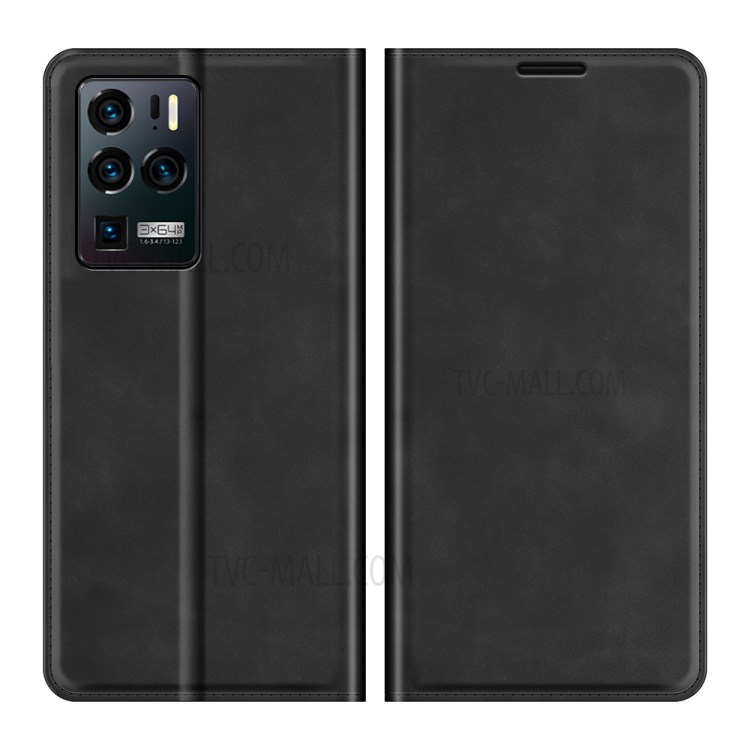 Auto-Absorbed Case Skin-touch Leather Protective Cover with Wallet Stand for ZTE Axon 30 Ultra 5G - Black-1