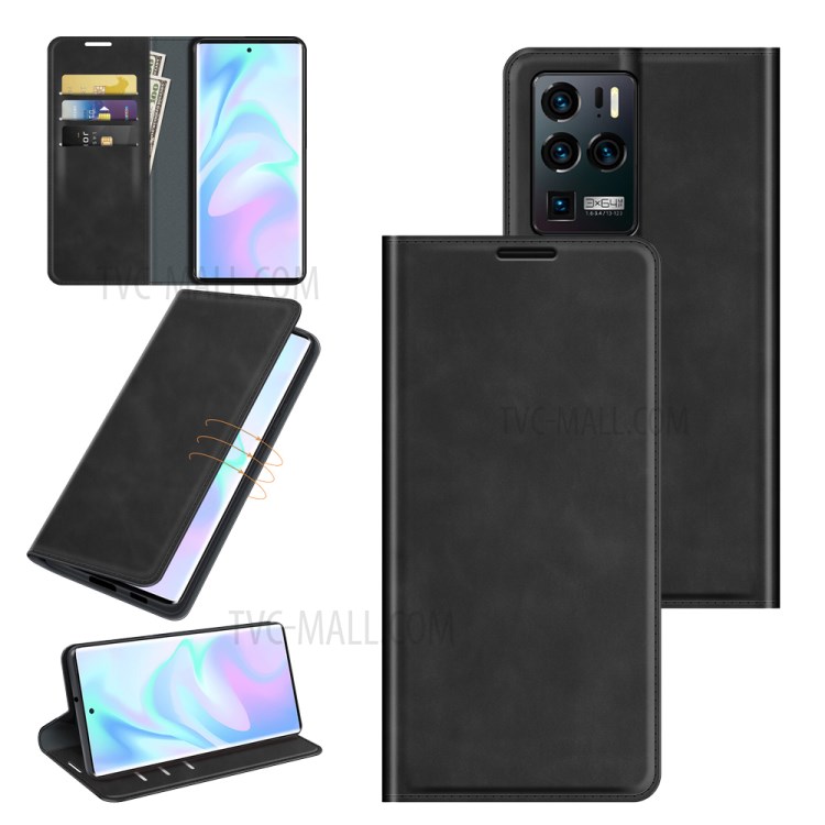 Auto-Absorbed Case Skin-touch Leather Protective Cover with Wallet Stand for ZTE Axon 30 Ultra 5G - Black-8