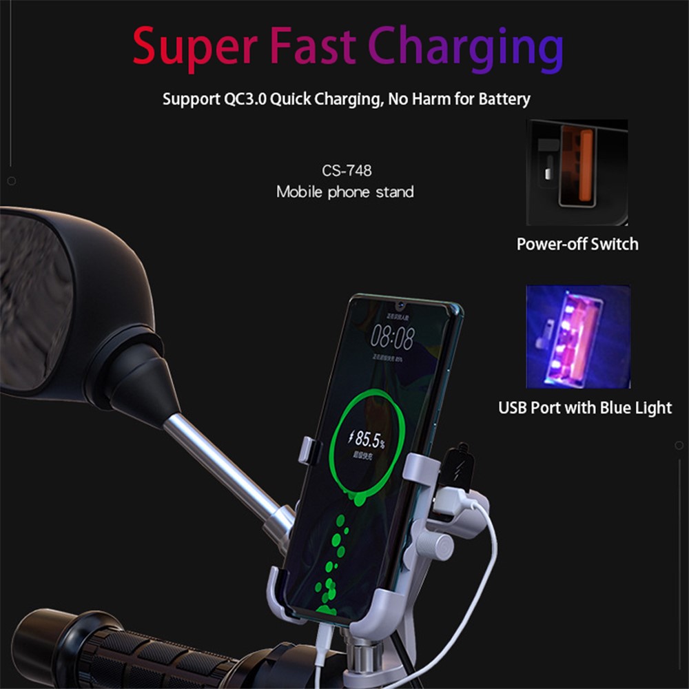 Miroir de Moto Wupp Mont Vue Arrière Mont Universal Aluminium Allia Walle Wimper With Quick Charge 3.0 Fast Charger - le Noir-5