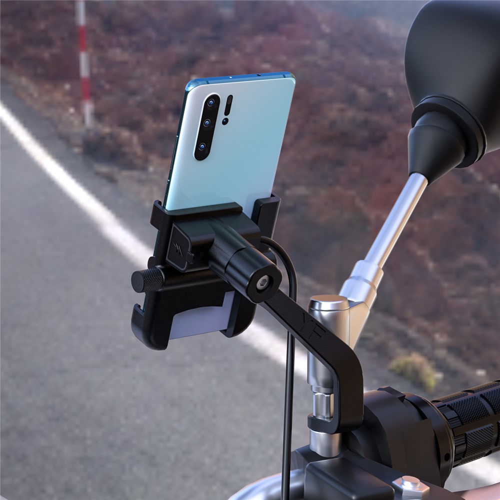 WUPP Motorcycle Mirror Rear View Mount Universal Aluminum Alloy Cell Phone Holder with Quick Charge 3.0 Fast Charger - Black-9