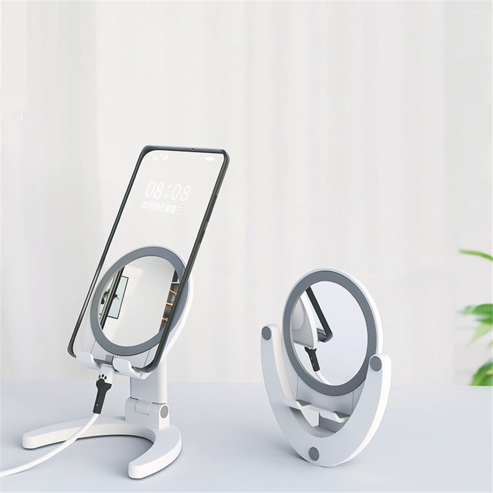 P02 Foldable Phone Holder Bracket Desktop Stand with Makeup Mirror Design - White-1