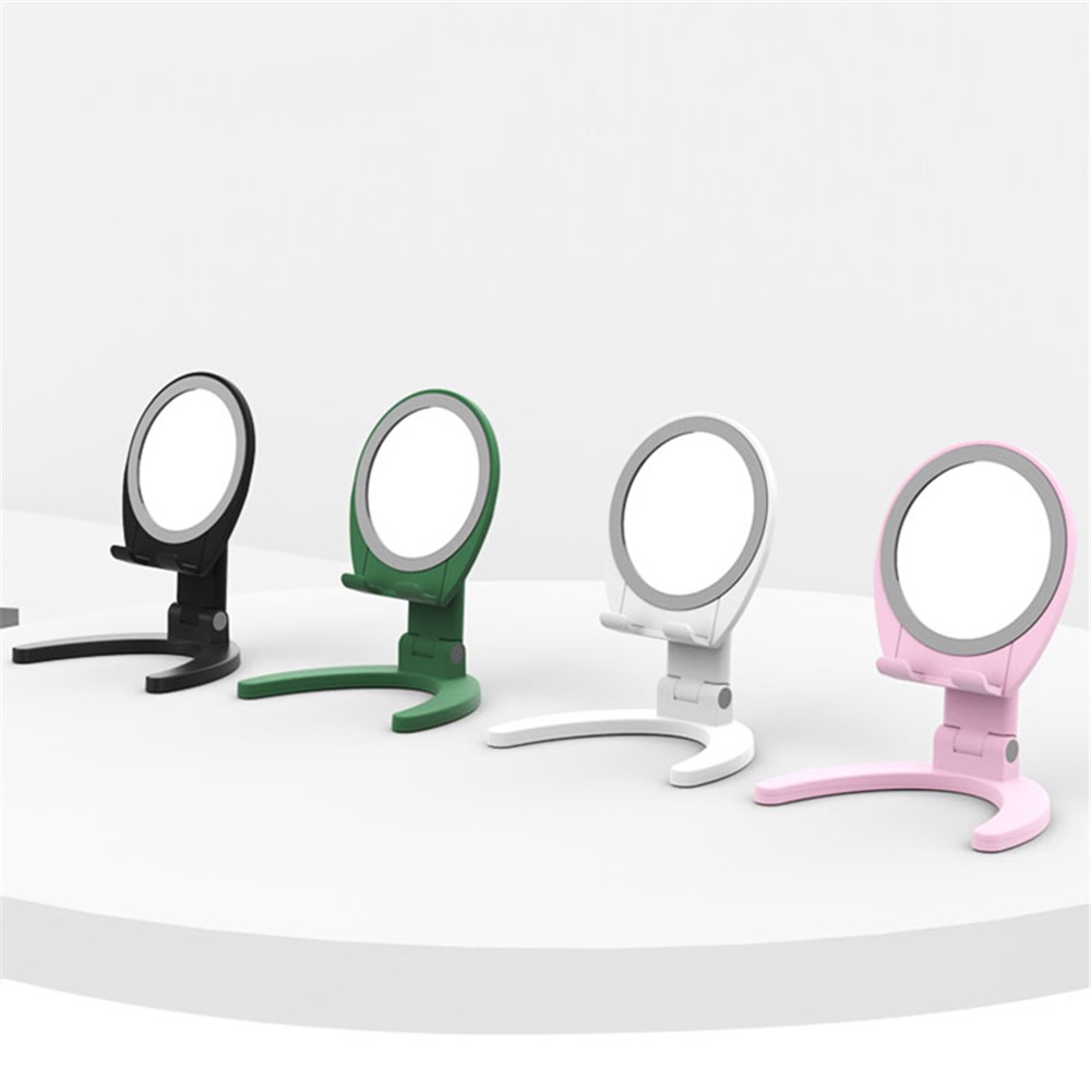 P02 Foldable Phone Holder Bracket Desktop Stand with Makeup Mirror Design - White-7
