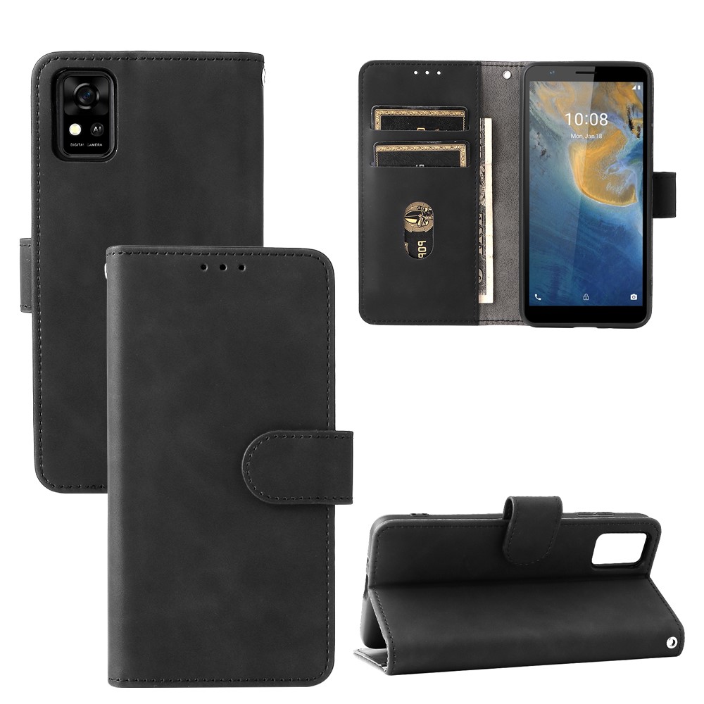 Stand Design Flip Phone Cover Skin-touch Wallet Magnetic Clasp Leather Case Phone Protective Cover for ZTE Blade A31 - Black-9