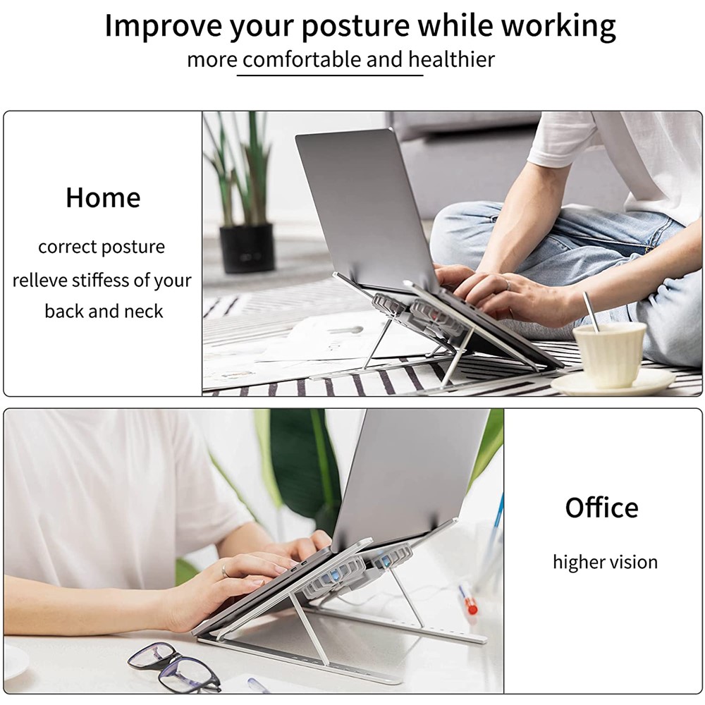 Adjustable Folding Aluminum Laptop Stand Multi-Angle Portable Desktop Computer Holder with Fans for MacBook Air Pro/Lenovo/Dell (10-15.6" Laptops) - Silver-2