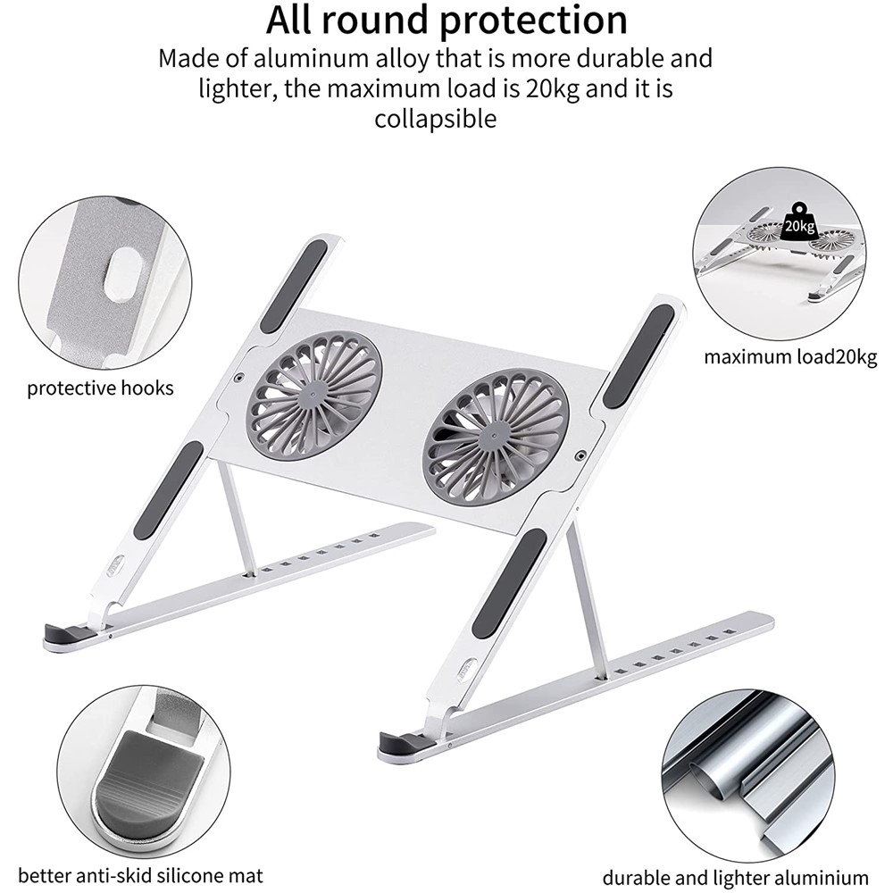 Adjustable Folding Aluminum Laptop Stand Multi-Angle Portable Desktop Computer Holder with Fans for MacBook Air Pro/Lenovo/Dell (10-15.6" Laptops) - Silver-3