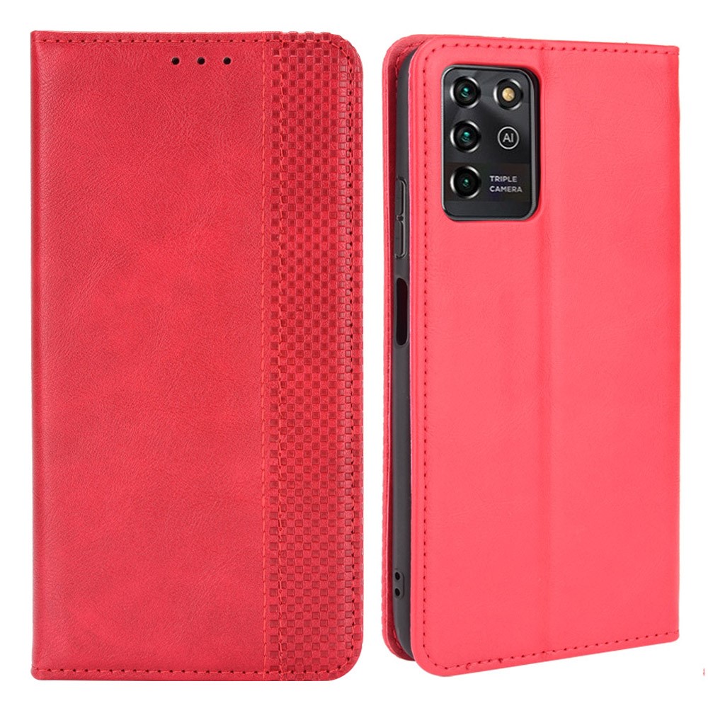 Retro Textured Surface Magnetic Automatic Closing Anti-Drop Wallet Stand Phone Leather Case Cover for ZTE Blade V30 Vita/V2022 - Red-1