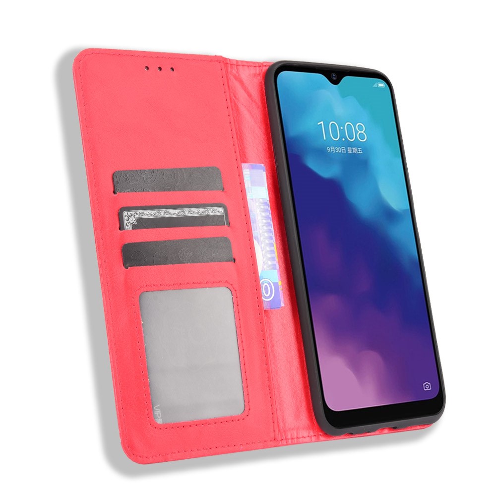 Retro Textured Surface Magnetic Automatic Closing Anti-Drop Wallet Stand Phone Leather Case Cover for ZTE Blade V30 Vita/V2022 - Red-4