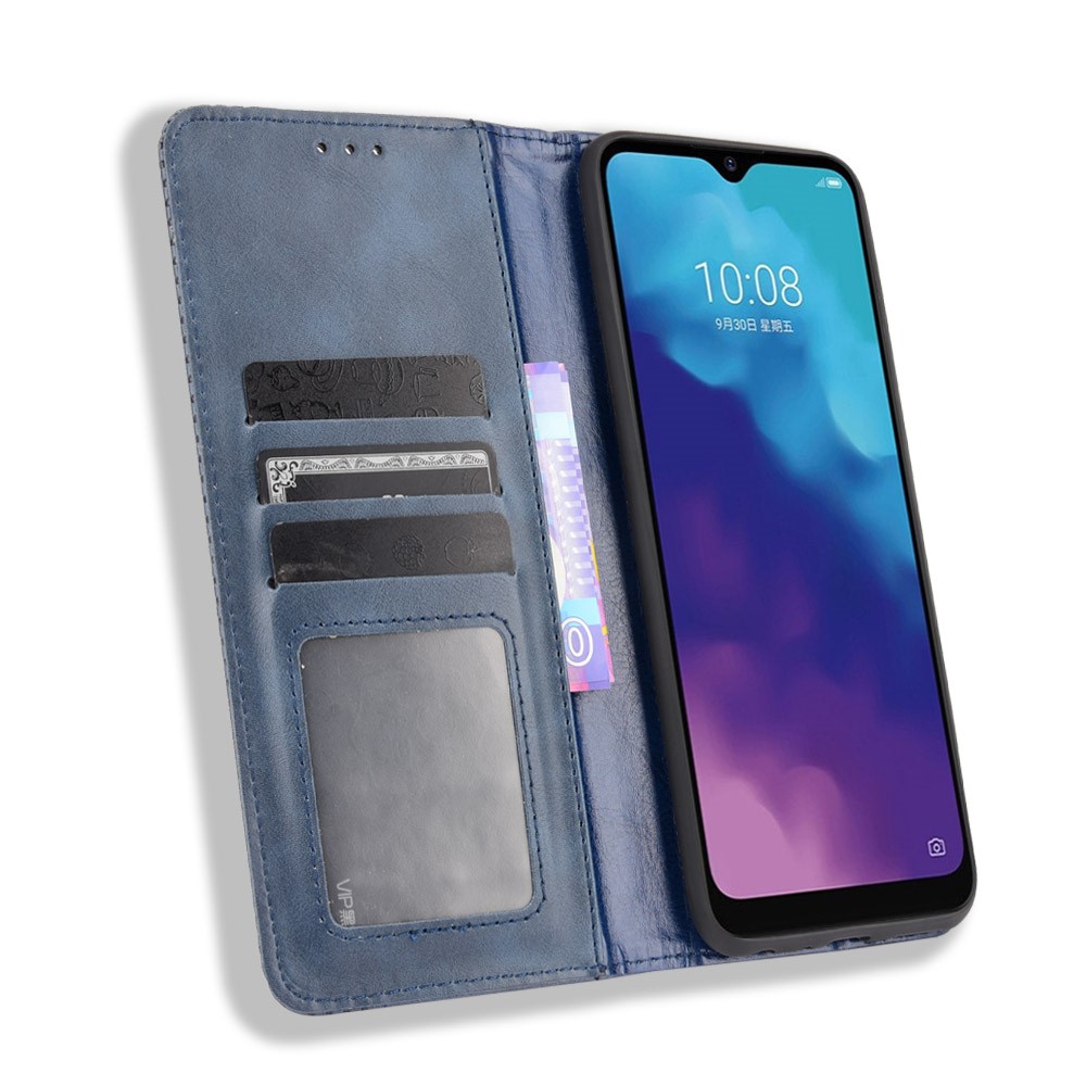 Retro Textured Surface Magnetic Automatic Closing Anti-Drop Wallet Stand Phone Leather Case Cover for ZTE Blade V30 Vita/V2022 - Blue-4