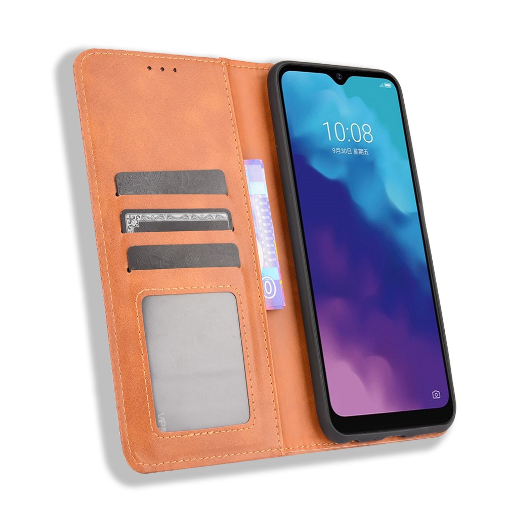 Retro Textured Surface Magnetic Automatic Closing Anti-Drop Wallet Stand Phone Leather Case Cover for ZTE Blade V30 Vita/V2022 - Brown-4