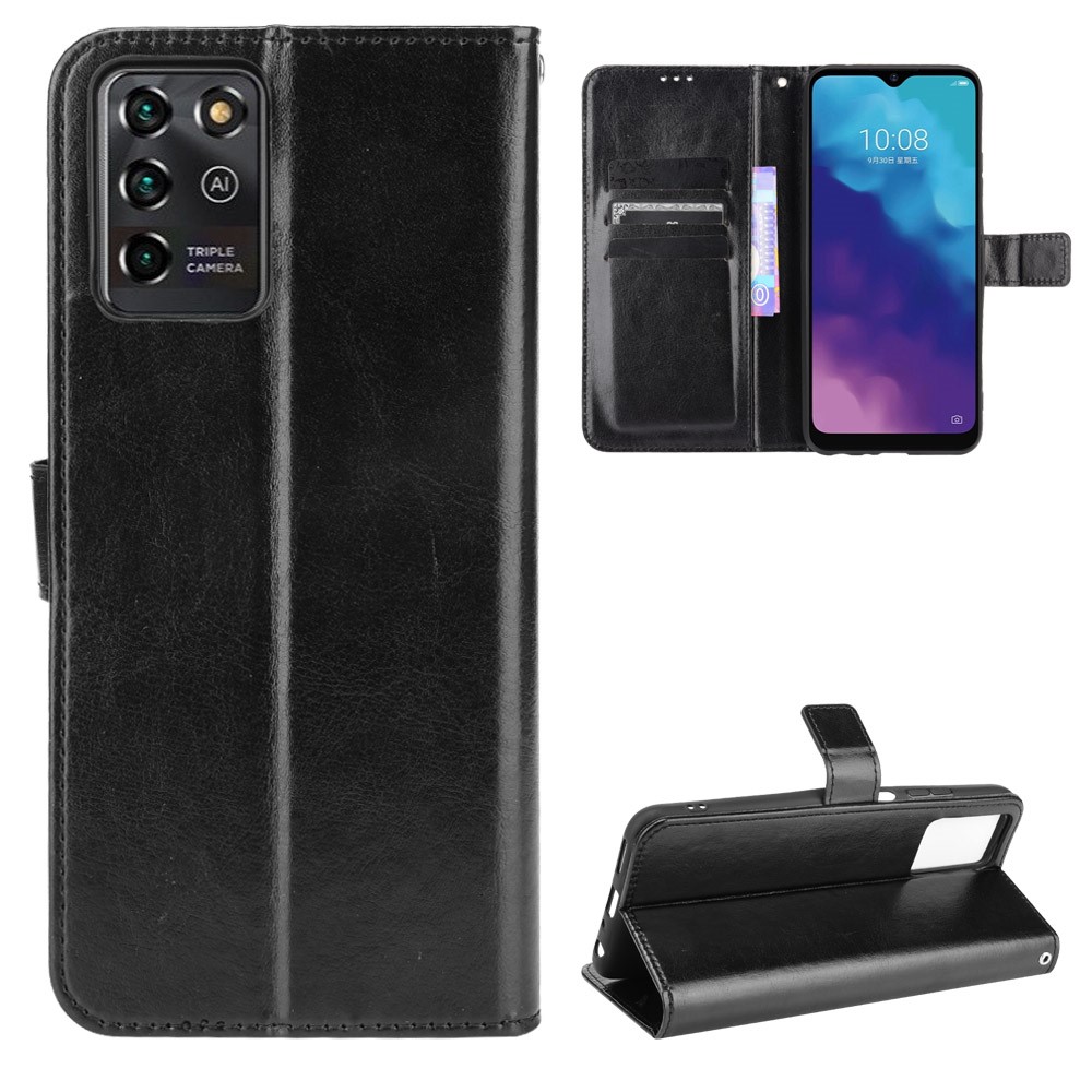 Crazy Horse Texture PU Leather Folio Stand Wallet Magnetic Protective Cover with Strap for ZTE Blade V30 Vita / V2022 - Black-8