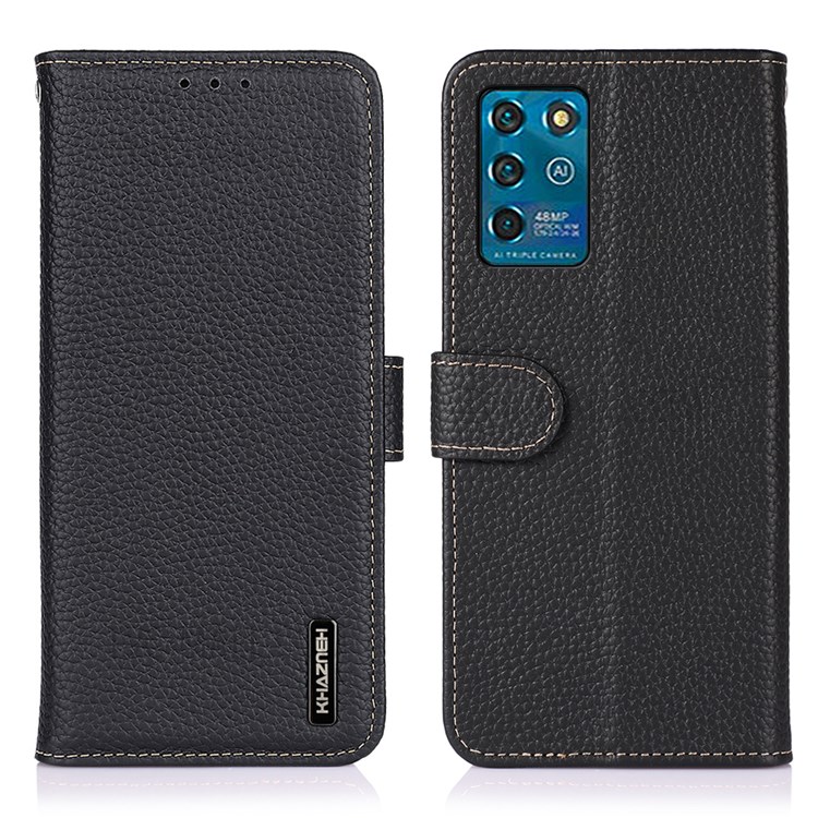 KHAZNEH For ZTE Blade V30 Vita Top Layer Genuine Leather Wallet Phone Case Magnetic Closure Litchi Texture Cover - Black-1