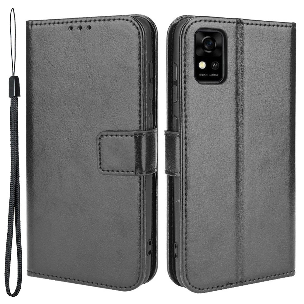 Flip Folio Stand Crazy Horse Texture PU Leather Wallet Magnetic Anti-Scratch Case with Wrist Strap for ZTE Blade A31 - Black-1