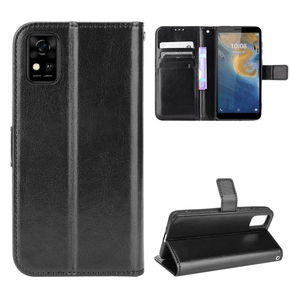 Flip Folio Stand Crazy Horse Texture PU Leather Wallet Magnetic Anti-Scratch Case with Wrist Strap for ZTE Blade A31 - Black-6