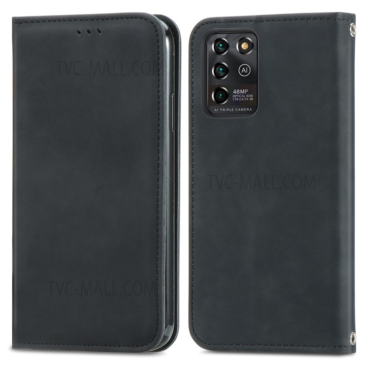 Retro Style Skin-touch PU Leather Card Slots Stand Auto Closing Magnetic Shockproof Flip Cover for ZTE Blade V30 Vita - Black-1