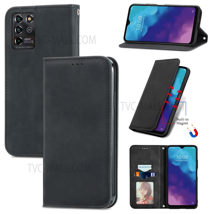 Retro Style Skin-touch PU Leather Card Slots Stand Auto Closing Magnetic Shockproof Flip Cover for ZTE Blade V30 Vita - Black-10