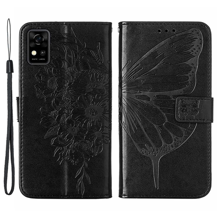 Butterfly Flower Pattern Imprinted PU Leather Fall Protection Wallet Stand Flip Case with Strap for ZTE Blade A31 - Black-1