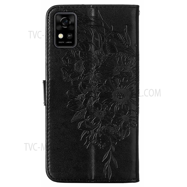 Butterfly Flower Pattern Imprinted PU Leather Fall Protection Wallet Stand Flip Case with Strap for ZTE Blade A31 - Black-3
