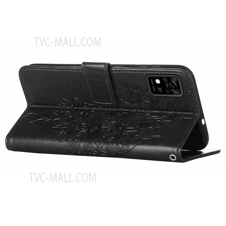 Butterfly Flower Pattern Imprinted PU Leather Fall Protection Wallet Stand Flip Case with Strap for ZTE Blade A31 - Black-5