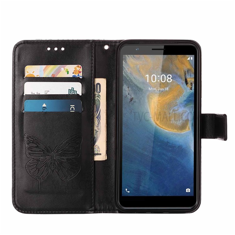 Butterfly Flower Pattern Imprinted PU Leather Fall Protection Wallet Stand Flip Case with Strap for ZTE Blade A31 - Black-6