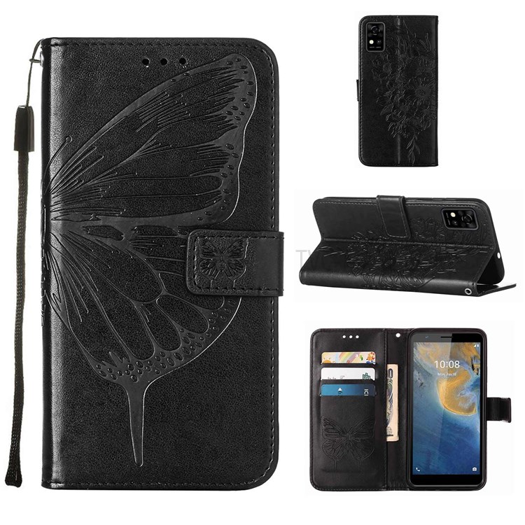 Butterfly Flower Pattern Imprinted PU Leather Fall Protection Wallet Stand Flip Case with Strap for ZTE Blade A31 - Black-7