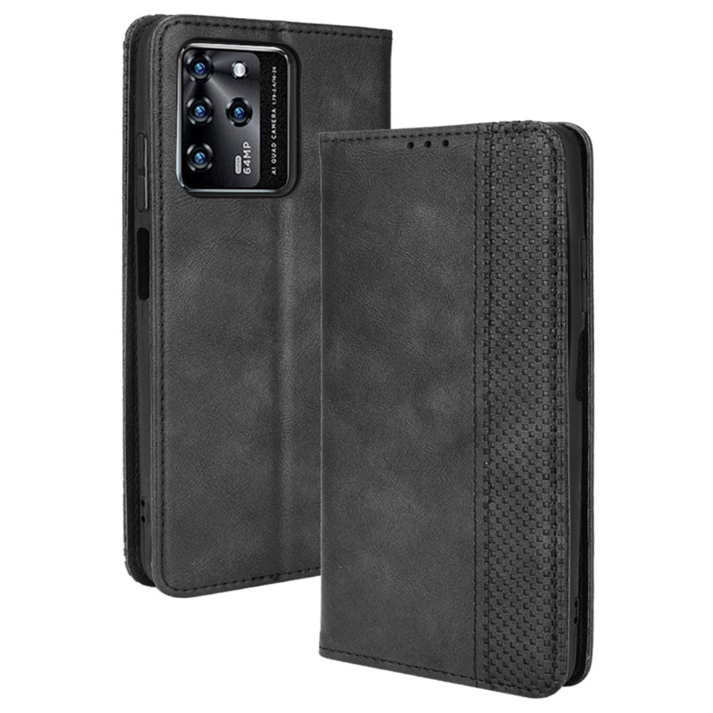 Scratch-resistant Flip Phone Shell Retro Textured Phone Leather Case Wallet Stand Cover for ZTE Blade V30 - Black-1