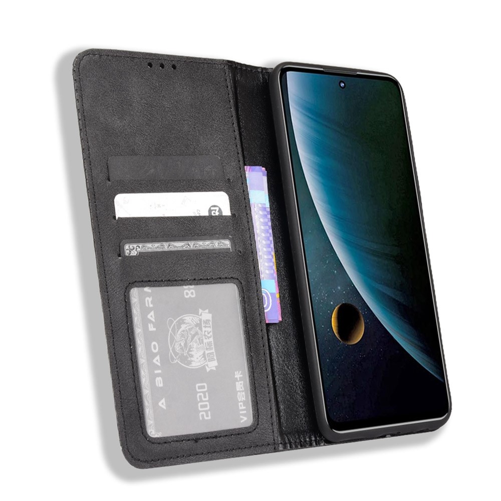 Scratch-resistant Flip Phone Shell Retro Textured Phone Leather Case Wallet Stand Cover for ZTE Blade V30 - Black-4